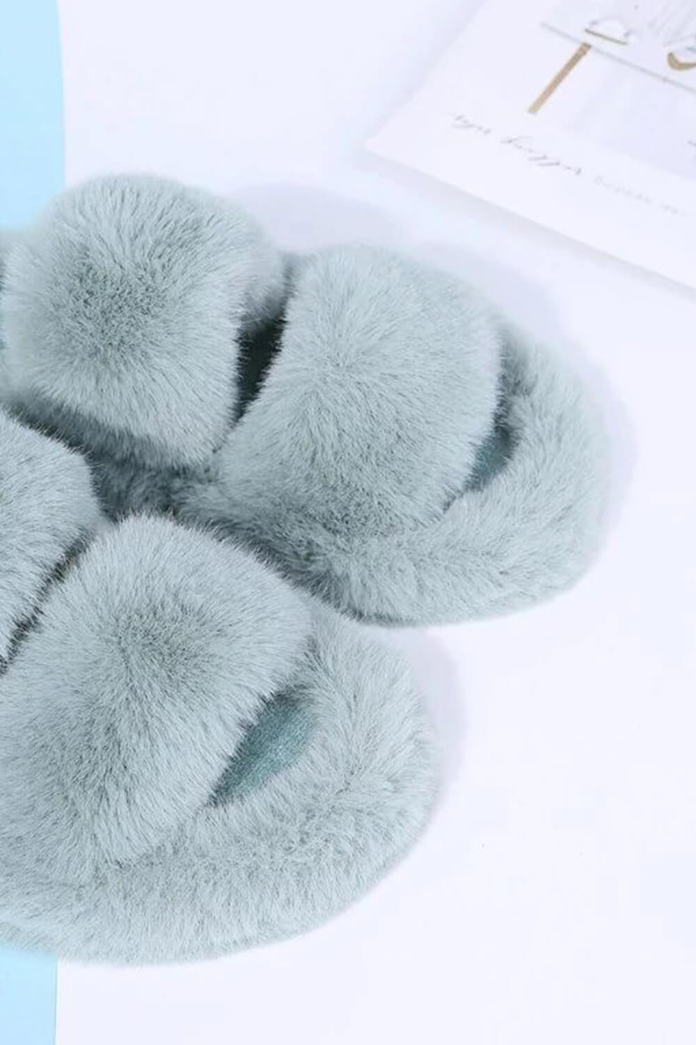 Light Blue Fluffy Faux Fur Double Strap Slippers