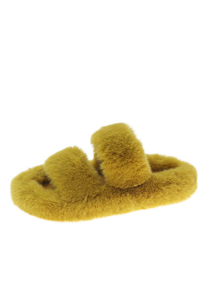 Yellow Fluffy Faux Fur Double Strap Slippers