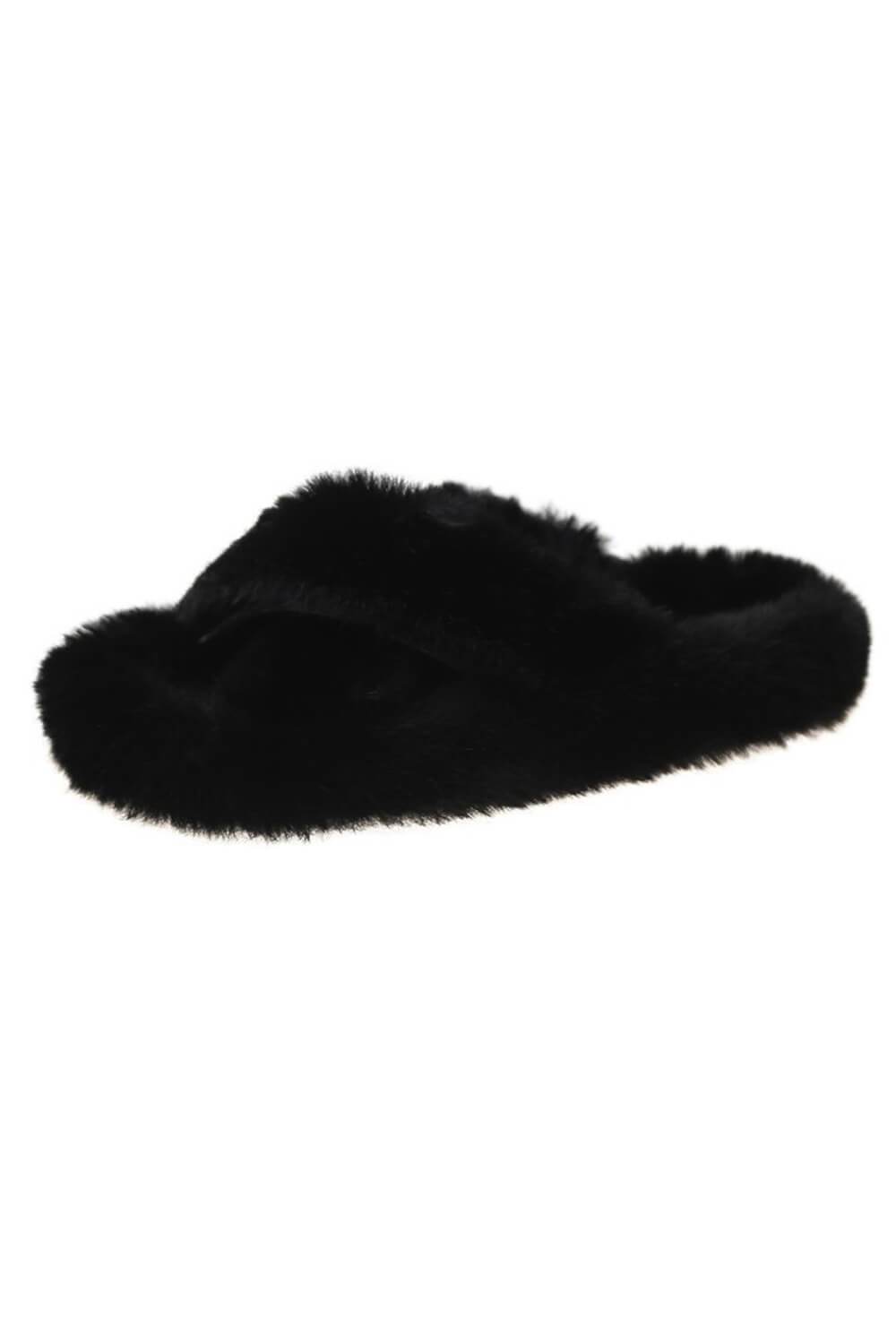 Black Fluffy Cross Over Slippers