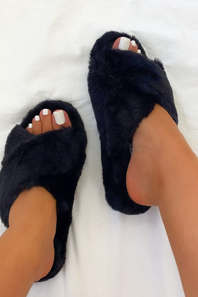 Black Fluffy Cross Over Slippers