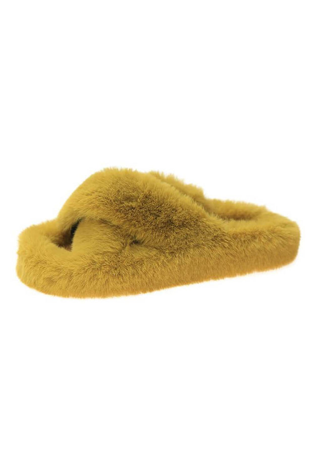 Yellow Fluffy Cross Over Slippers