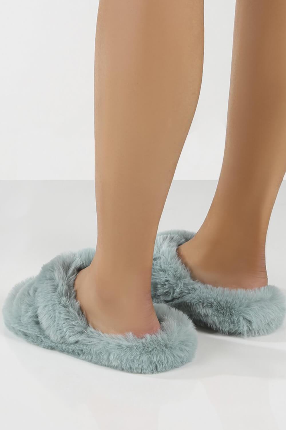 Light Blue Fluffy Cross Over Slippers - MomyMall