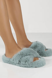 Light Blue Fluffy Cross Over Slippers - MomyMall