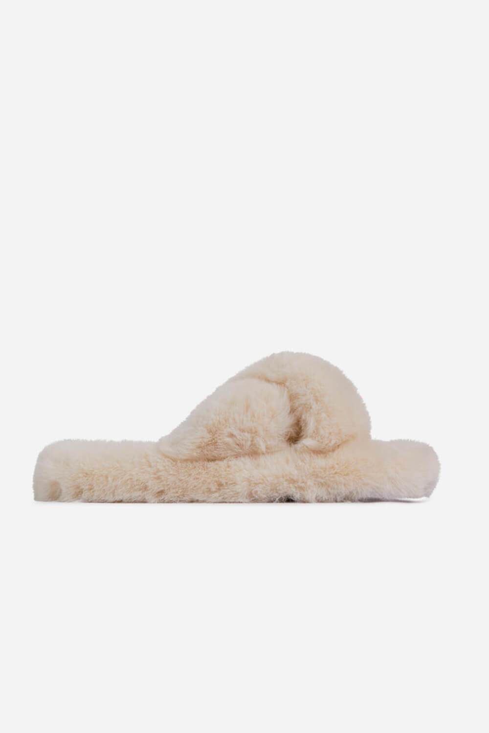 Beige Fluffy Cross Over Slippers