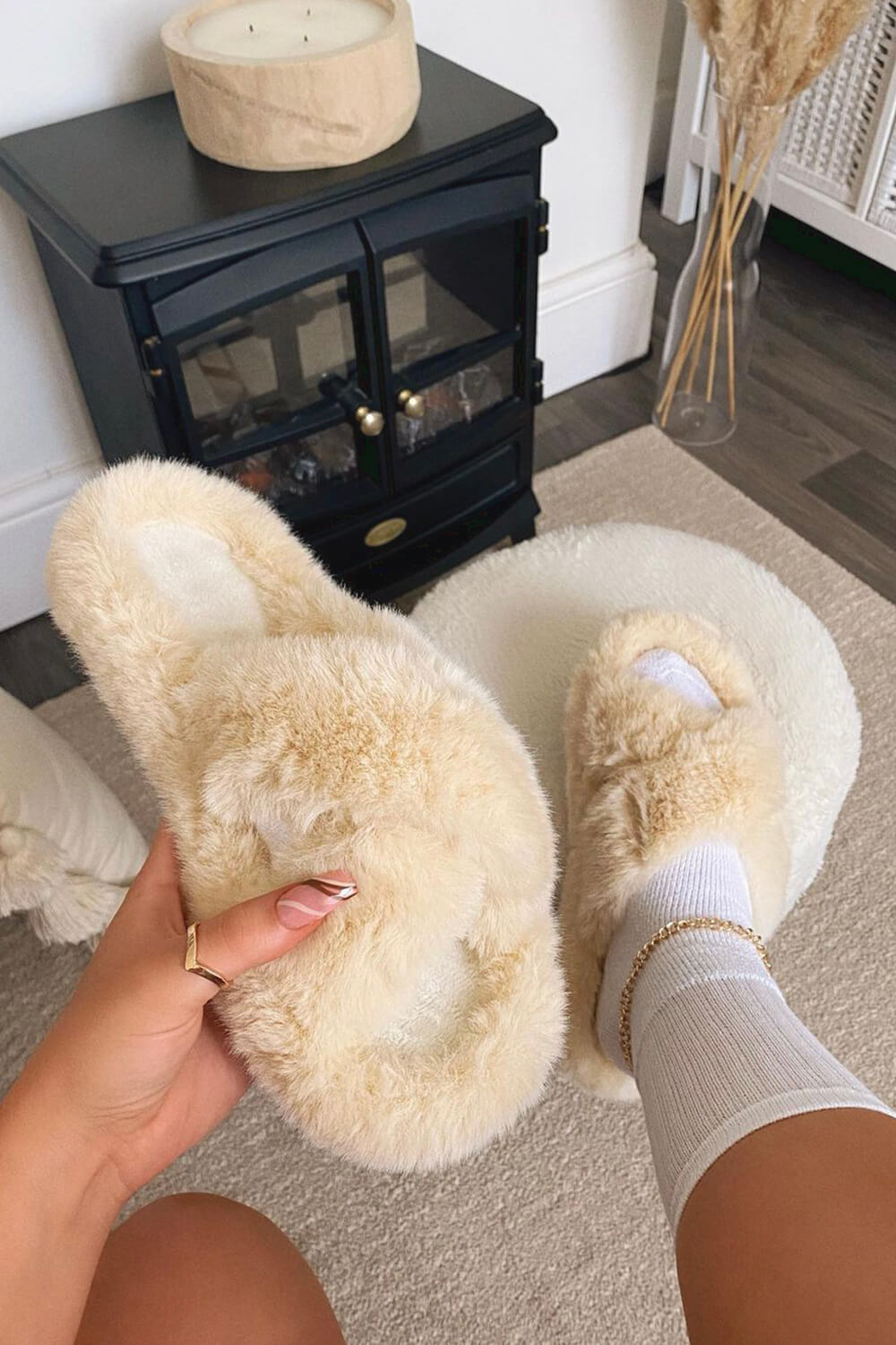 Beige Fluffy Cross Over Slippers