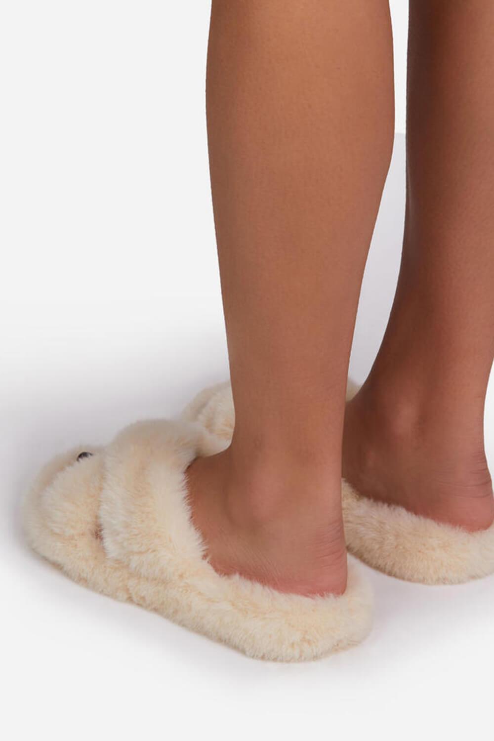 Beige Fluffy Cross Over Slippers