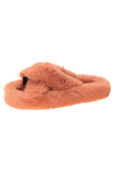 Coral Fluffy Cross Over Slippers