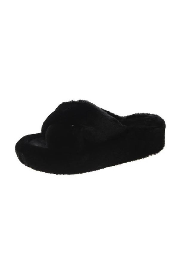 Black Fluffy Cross Over Slippers - MomyMall