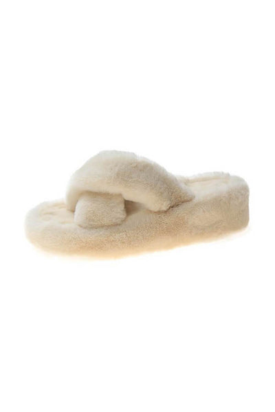 Cream Fluffy Cross Over Slippers