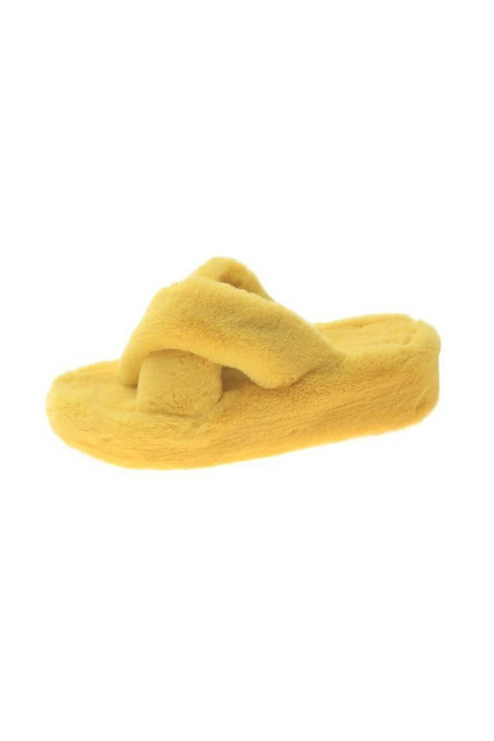 Yellow Fluffy Cross Over Slippers - MomyMall