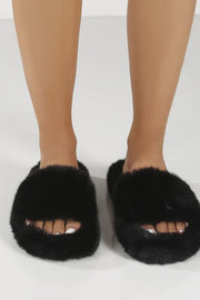 Black Fluffy Faux Fur Slippers - MomyMall