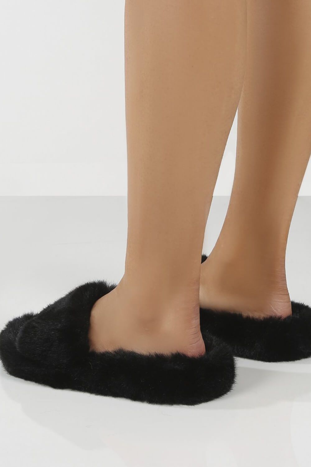 Black Fluffy Faux Fur Slippers - MomyMall