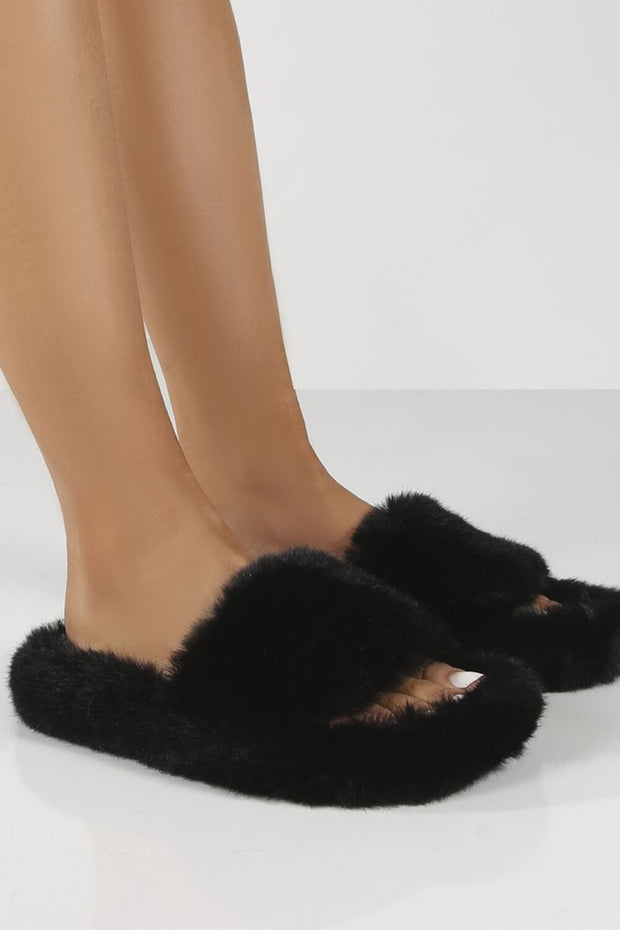 Black Fluffy Faux Fur Slippers - MomyMall