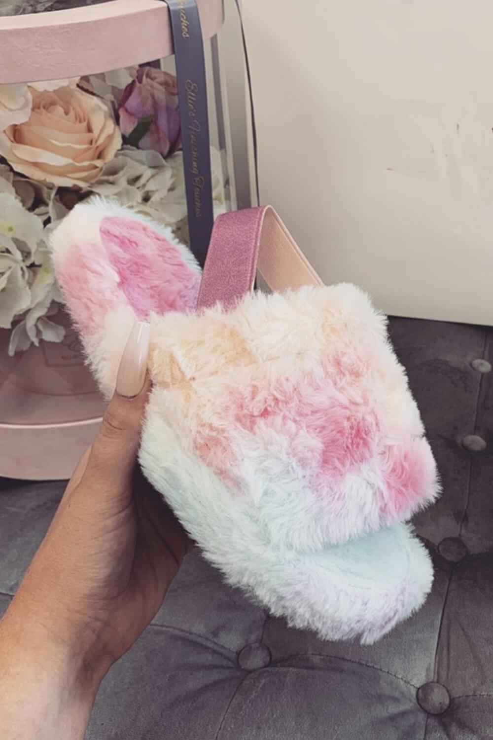 Tie Dye Faux Fur Fluffy Strap Back Slippers - MomyMall