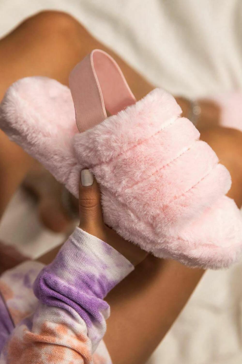 Pink Faux Fur Fluffy Strap Back Slippers