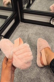 Pink Faux Fur Fluffy Strap Back Slippers