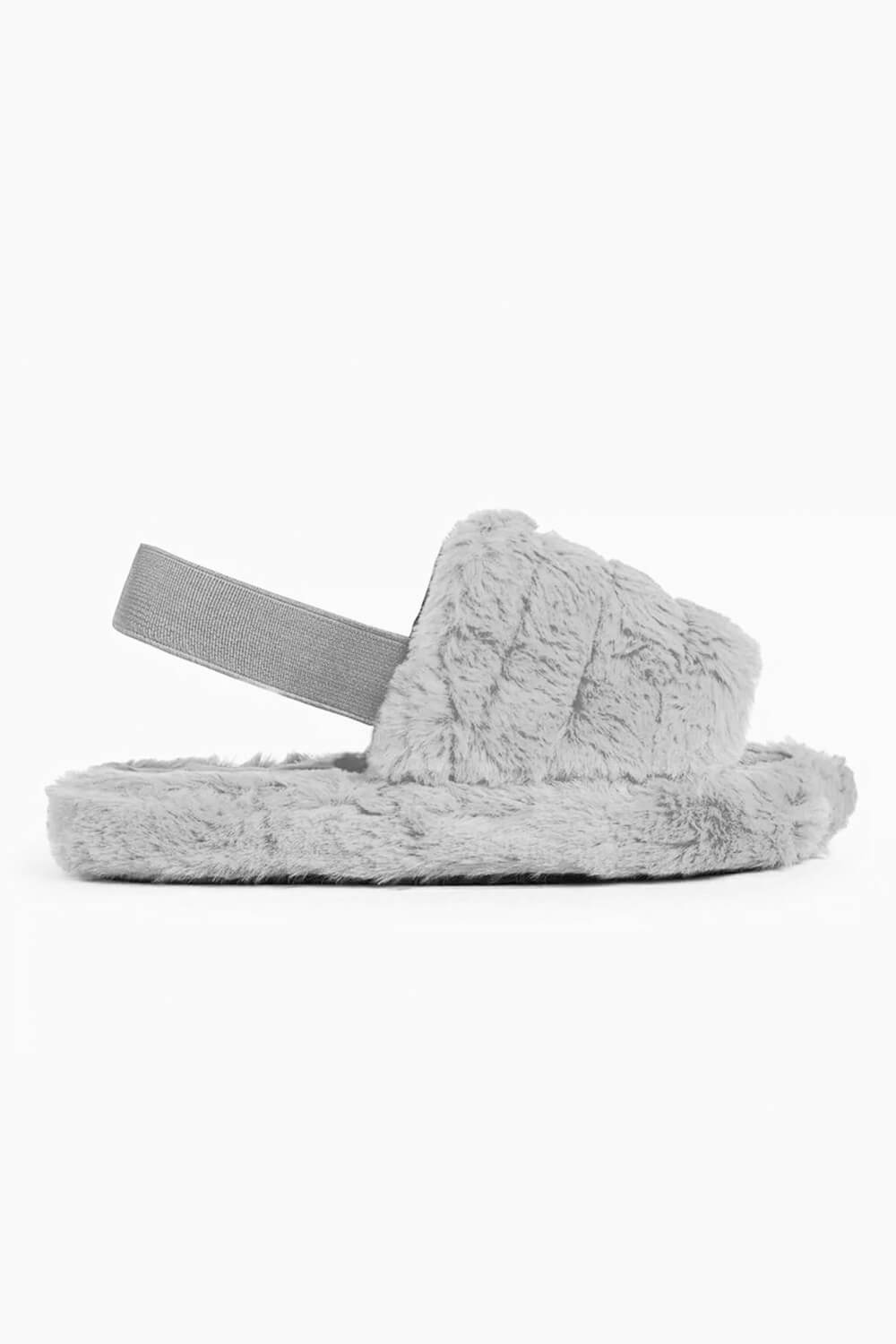 Grey Faux Fur Fluffy Strap Back Slippers