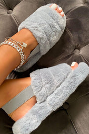 Grey Faux Fur Fluffy Strap Back Slippers
