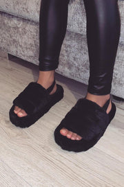 Black Faux Fur Fluffy Strap Back Slippers