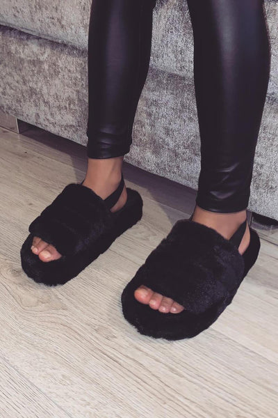 Black Faux Fur Fluffy Strap Back Slippers