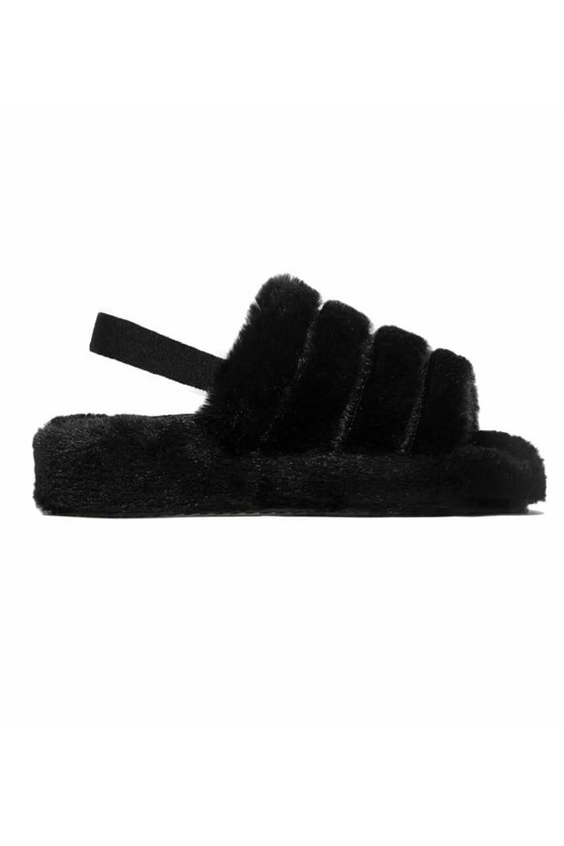 Black Faux Fur Fluffy Strap Back Slippers