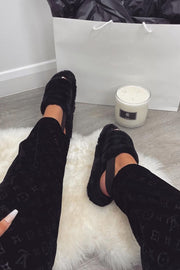 Black Faux Fur Fluffy Strap Back Slippers