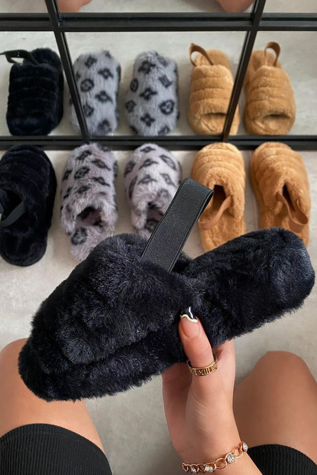 Black Faux Fur Fluffy Strap Back Slippers