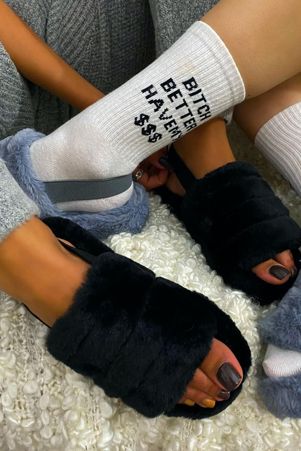 Black Faux Fur Fluffy Strap Back Slippers