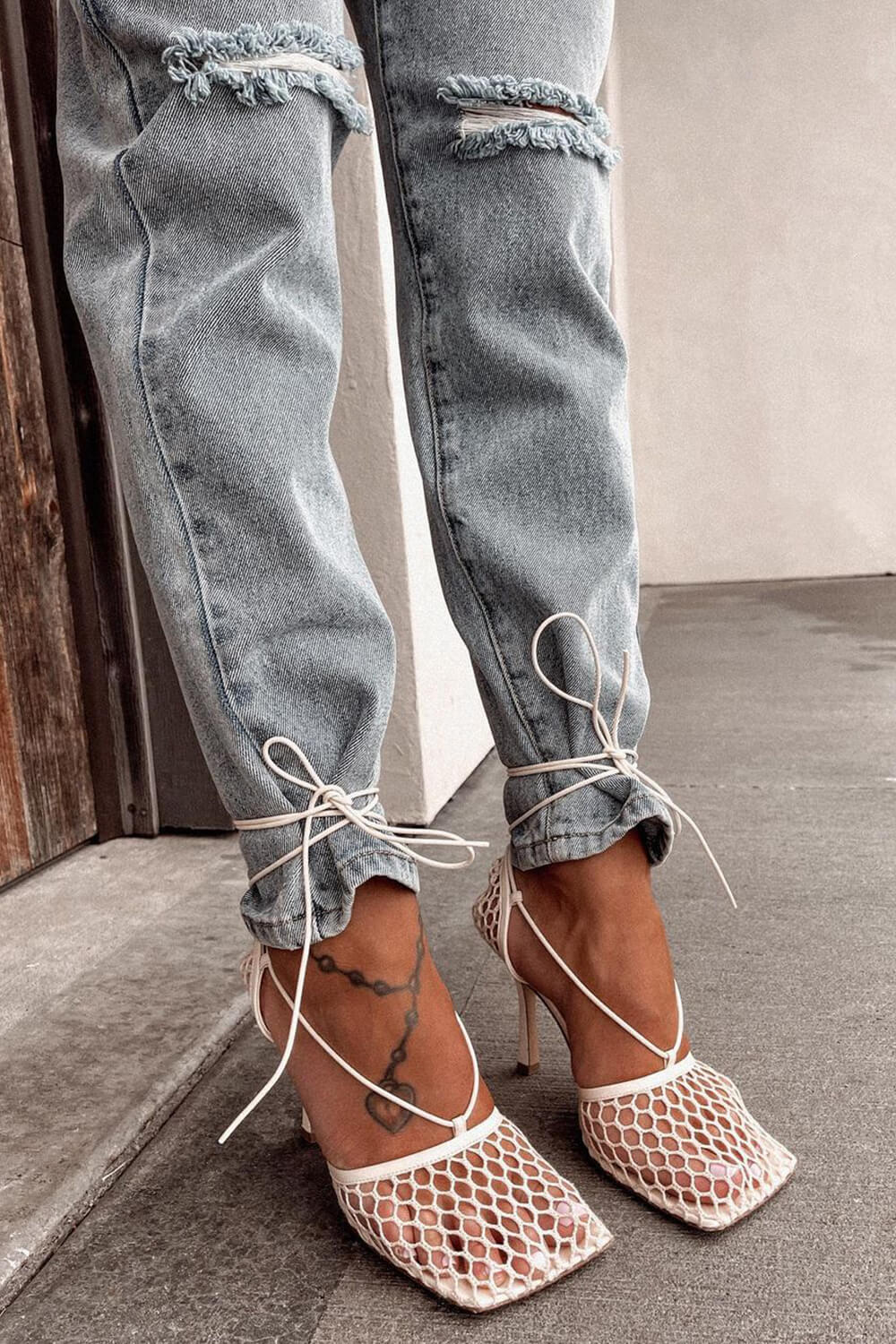 White Lace Up Square Toe Stretch Leather-Trimmed Mesh Sandal