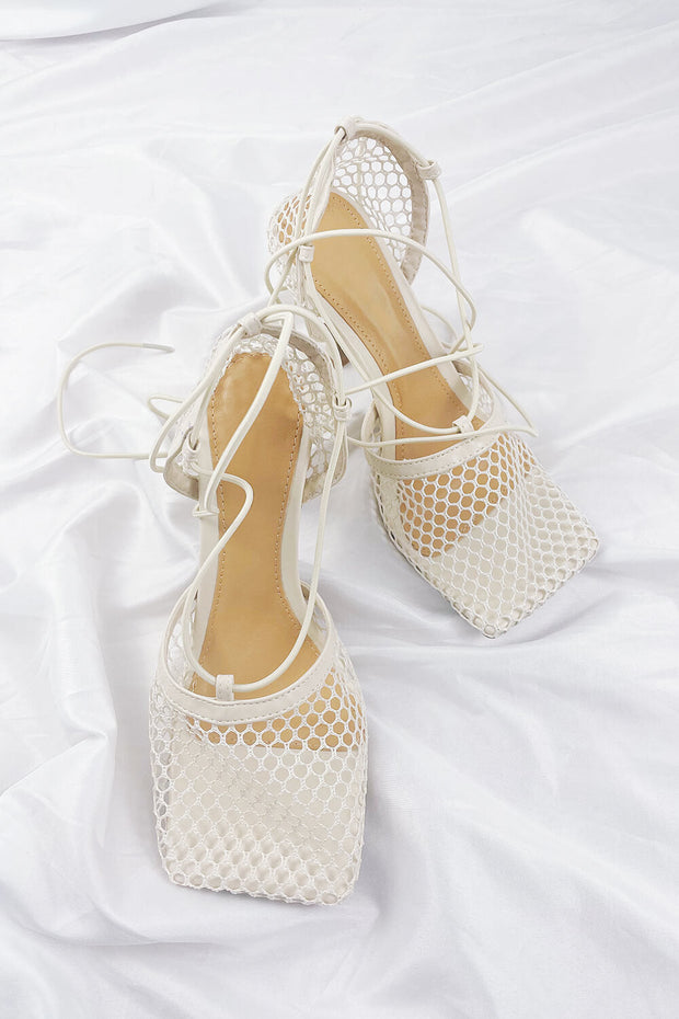 White Lace Up Square Toe Stretch Leather-Trimmed Mesh Sandal