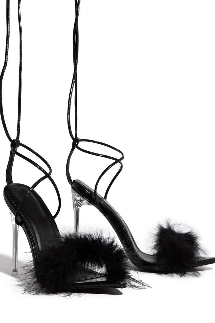 Black Faux Fur Lace Up Clear Perspex Stiletto Heels - MomyMall