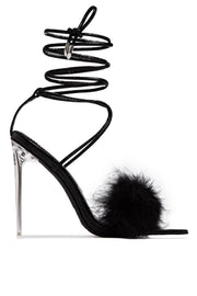 Black Faux Fur Lace Up Clear Perspex Stiletto Heels - MomyMall