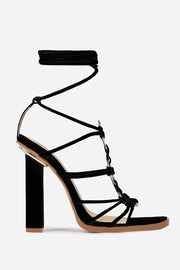 Black Faux Suede Lace Up Ring Detail Square Open Toe Block Heels