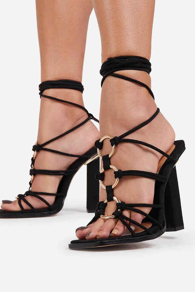 Black Faux Suede Lace Up Ring Detail Square Open Toe Block Heels