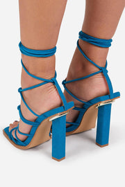 Blue Faux Suede Lace Up Ring Detail Square Open Toe Block Heels