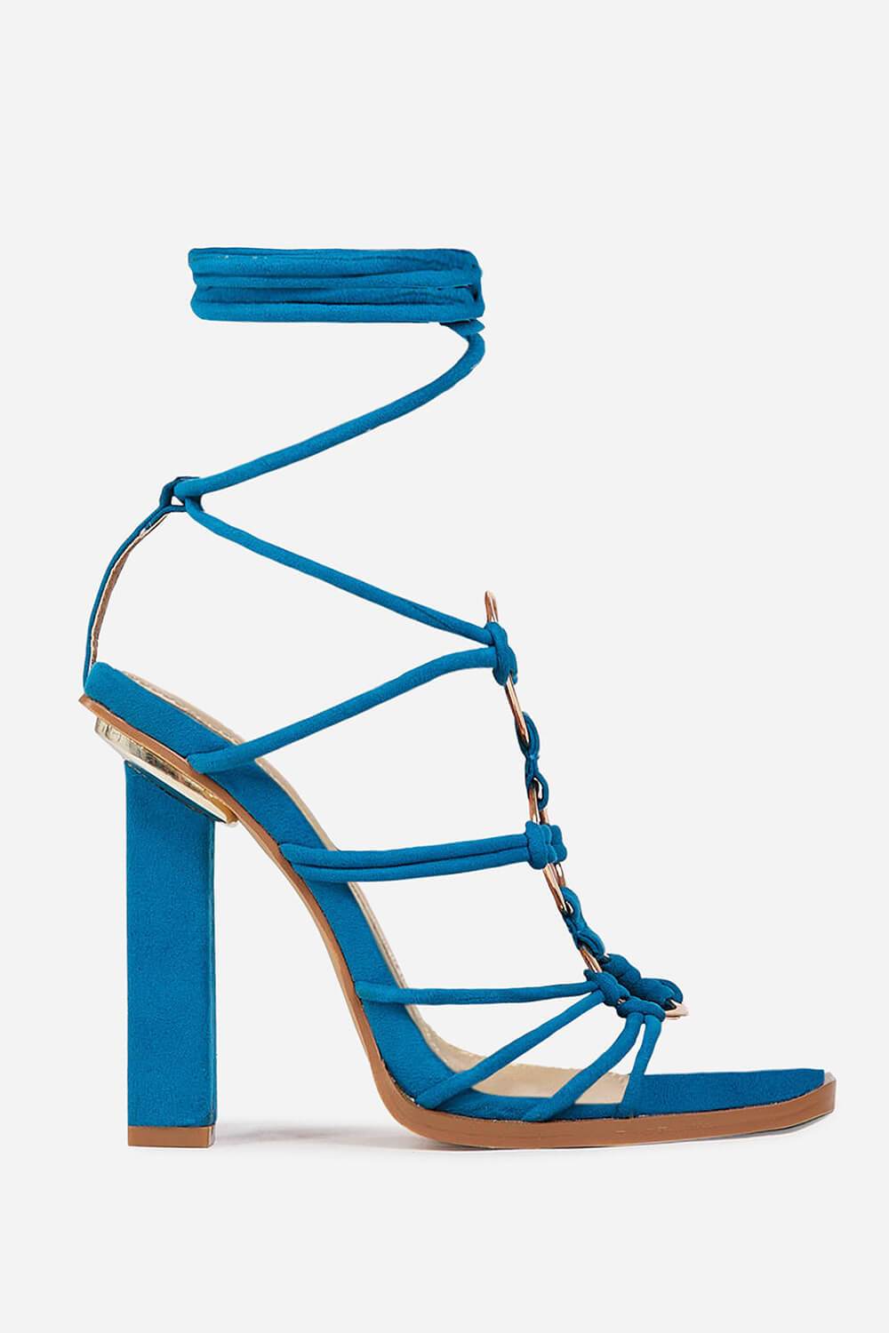 Blue Faux Suede Lace Up Ring Detail Square Open Toe Block Heels