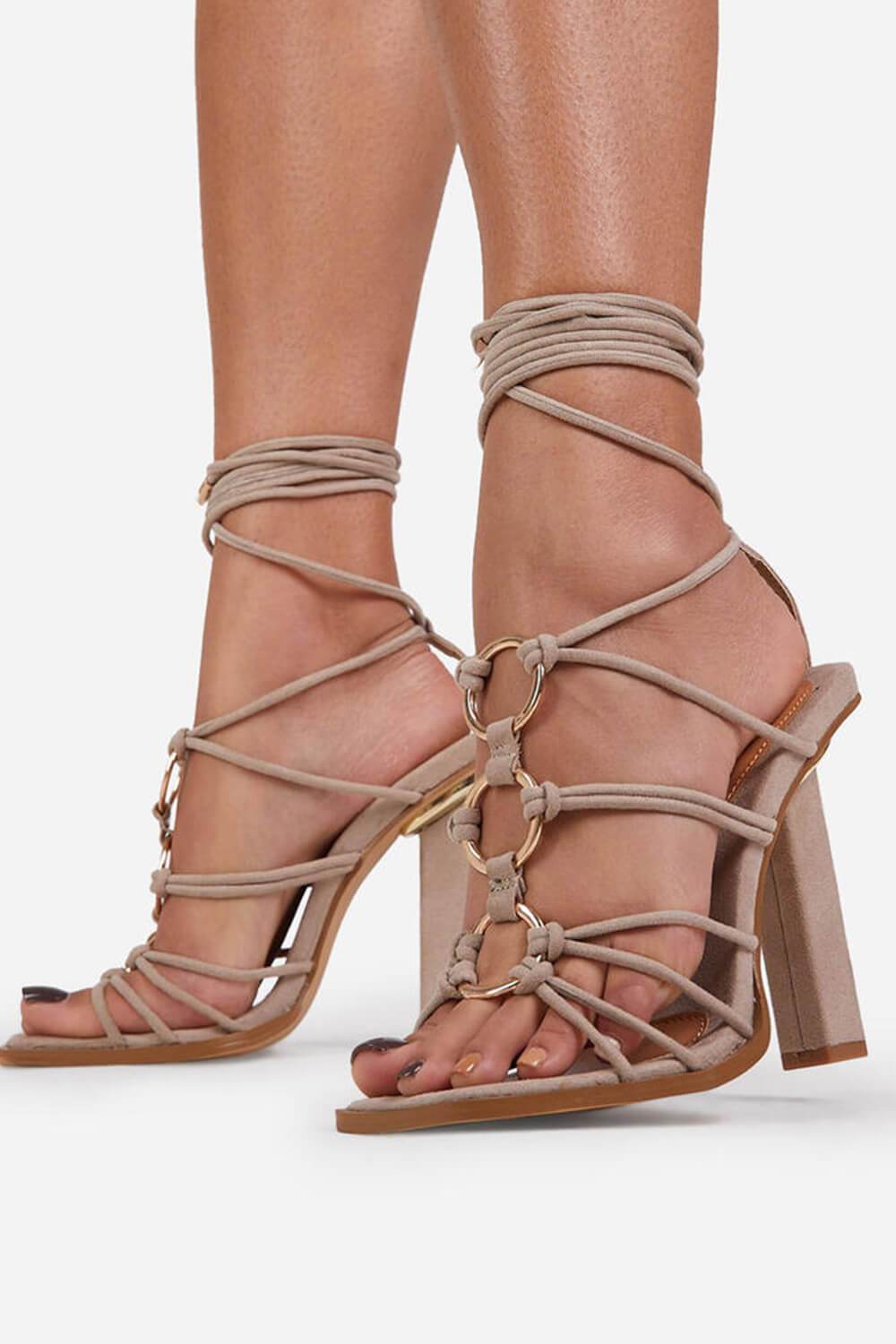 Nude Faux Suede Lace Up Ring Detail Square Open Toe Block Heels - MomyMall