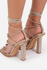 Nude Faux Suede Lace Up Ring Detail Square Open Toe Block Heels - MomyMall