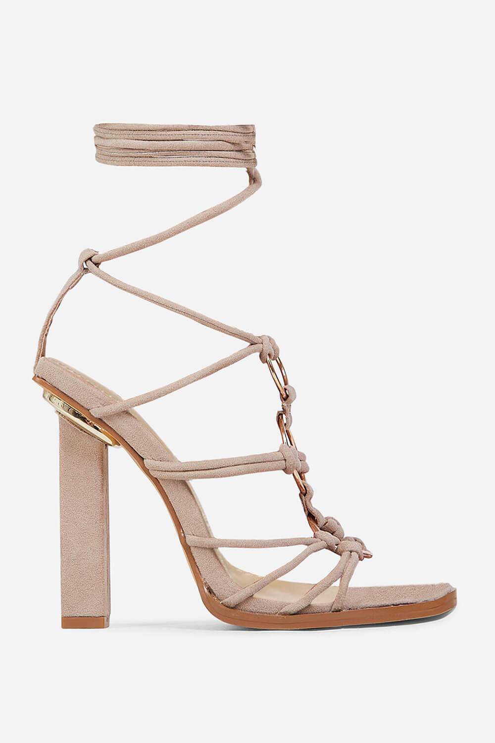 Nude Faux Suede Lace Up Ring Detail Square Open Toe Block Heels - MomyMall