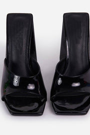 Black Patent Square Peep Toe Sculptured Flared Block Heel Mules