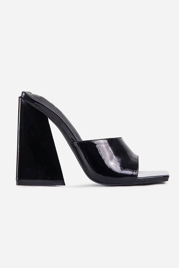 Black Patent Square Peep Toe Sculptured Flared Block Heel Mules