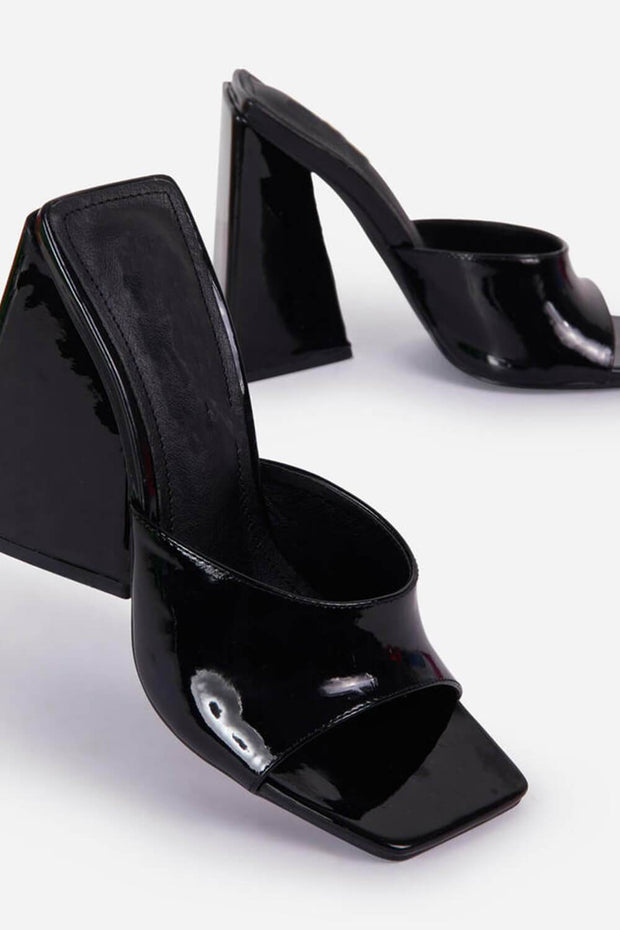 Black Patent Square Peep Toe Sculptured Flared Block Heel Mules