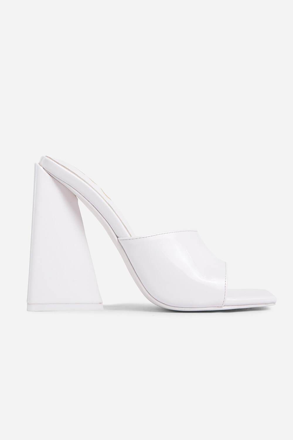 White Patent Square Peep Toe Sculptured Flared Block Heel Mules - MomyMall