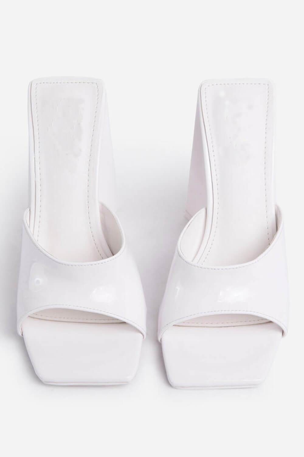 White Patent Square Peep Toe Sculptured Flared Block Heel Mules - MomyMall