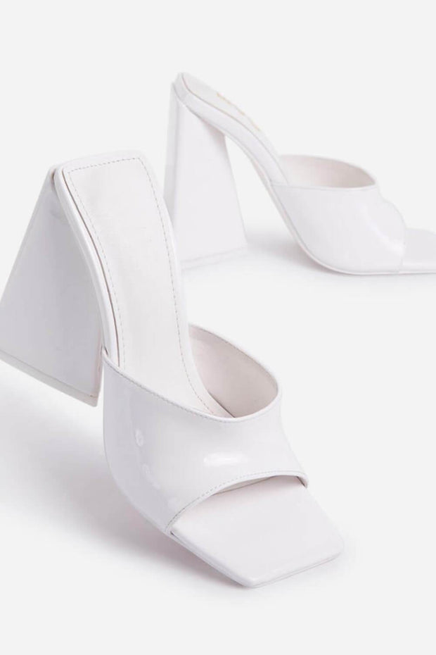 White Patent Square Peep Toe Sculptured Flared Block Heel Mules - MomyMall