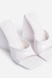 White Patent Square Peep Toe Sculptured Flared Block Heel Mules - MomyMall