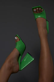 Green Patent Square Peep Toe Sculptured Flared Block Heel Mules