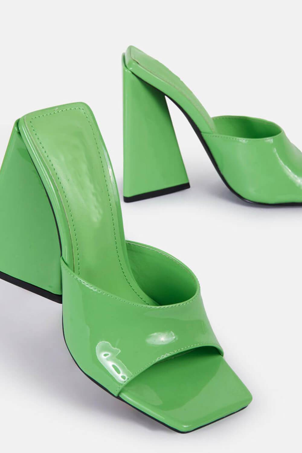 Green Patent Square Peep Toe Sculptured Flared Block Heel Mules