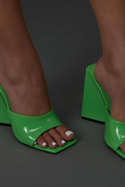 Green Patent Square Peep Toe Sculptured Flared Block Heel Mules