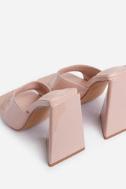 Nude Patent Square Peep Toe Sculptured Flared Block Heel Mules - MomyMall